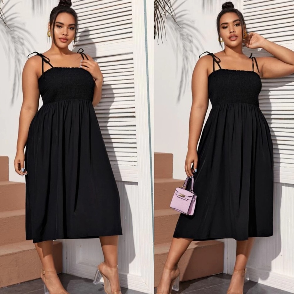 Black plus size tie shoulder shirred chest dress - Picture 2 of 5